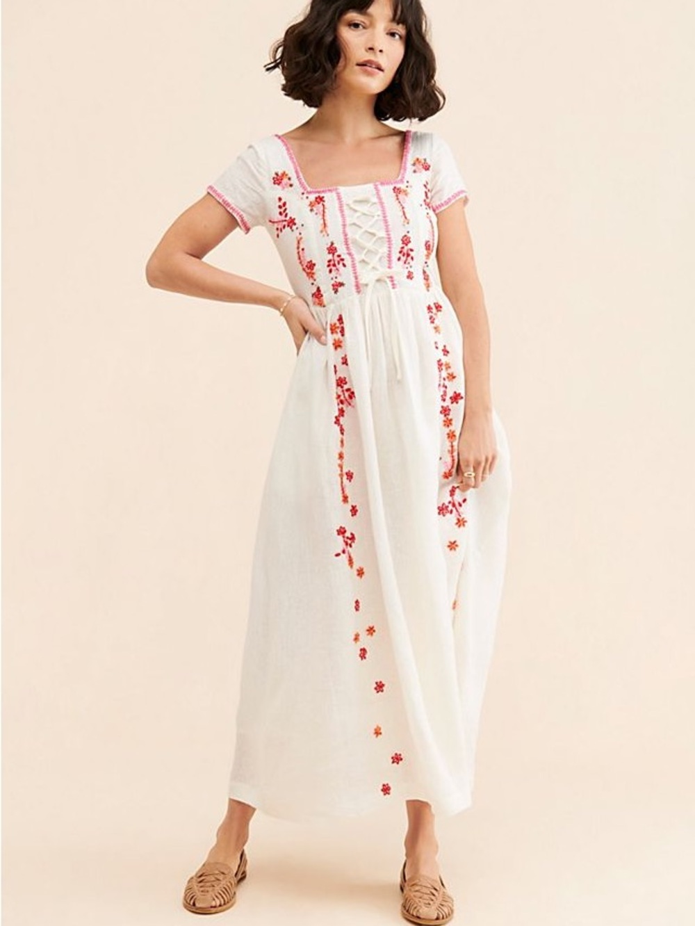 TACH Cream Maxi Dress with Red Floral Embroidery